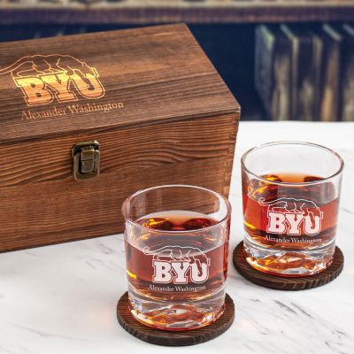 Custom Engraved Brigham Young Cougars - Personalized Whiskey Glasses In Wood Gift Box