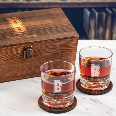 Custom Engraved Brown Initial University - Personalized Whiskey Glasses In Wood Gift Box