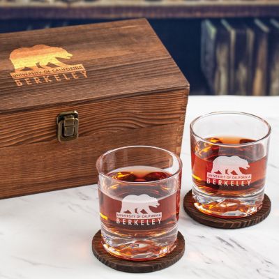 Custom Engraved California Golden Bears Logo University - Personalized Whiskey Glasses In Wood Gift Box