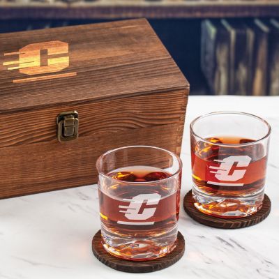 Custom Engraved Central Michigan Chippewas University - Personalized Whiskey Glasses In Wood Gift Box