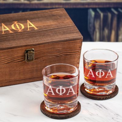 Custom Engraved Alpha Phi Alpha - Personalized Whiskey Glasses In Wood Gift Box
