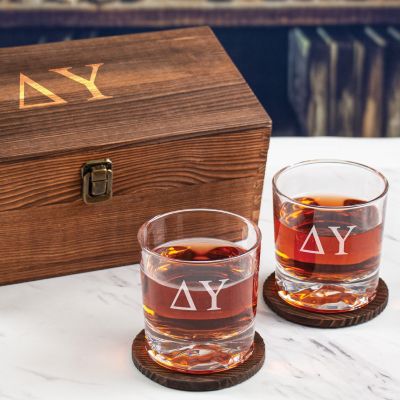 Custom Engraved Delta Upsilon - Personalized Whiskey Glasses In Wood Gift Box