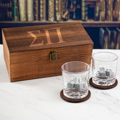Custom Engraved Sigma Pi - Personalized Whiskey Glasses In Wood Gift Box