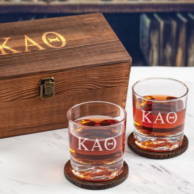 Custom Engraved Kappa Alpha Theta - Personalized Whiskey Glasses In Wood Gift Box