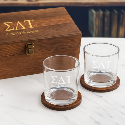Custom Engraved Sigma Delta Tau - Personalized Whiskey Glasses In Wood Gift Box