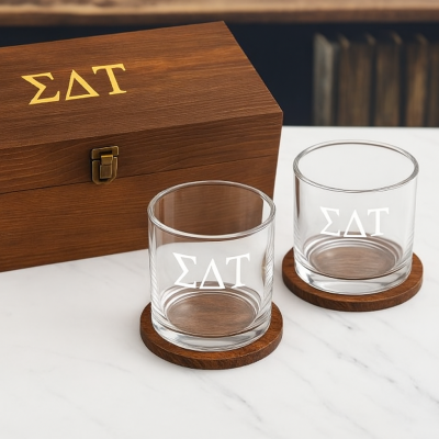 Custom Engraved Sigma Delta Tau - Personalized Whiskey Glasses In Wood Gift Box