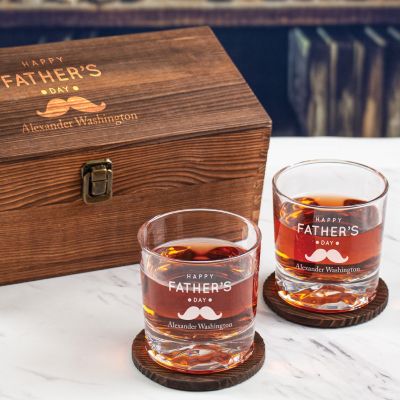 Custom Engraved Happy Father Day Mustache - Personalized Whiskey Glasses In Wood Gift Box