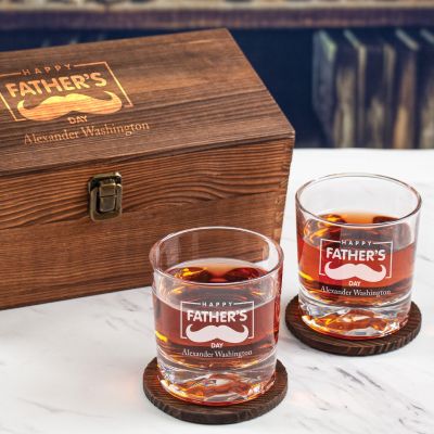 Custom Engraved Frame Happy Fathers Day Mustache - Personalized Whiskey Glasses In Wood Gift Box