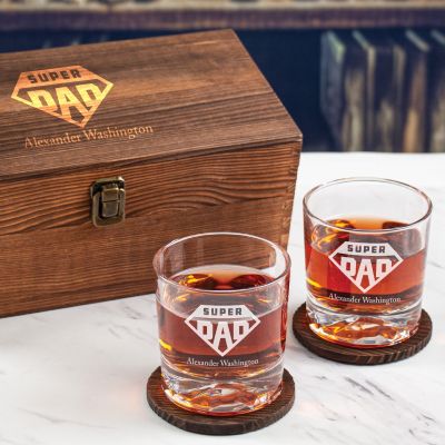 Custom Engraved Super Dad Emblem - Personalized Whiskey Glasses In Wood Gift Box