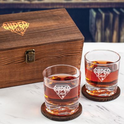 Custom Engraved Super Dad Star - Personalized Whiskey Glasses In Wood Gift Box