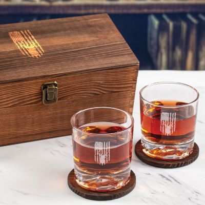 Custom Engraved USA Flag With Deer - Personalized Whiskey Glasses In Wood Gift Box