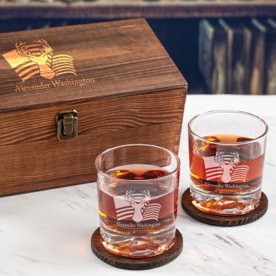 Custom Engraved Deer with USA Flag - Personalized Whiskey Glasses In Wood Gift Box