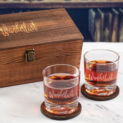 Custom Engraved Wanderlust - Personalized Whiskey Glasses In Wood Gift Box