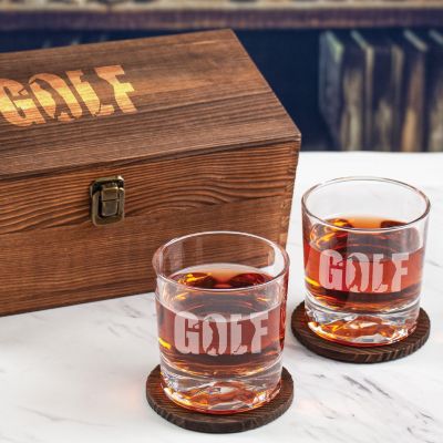 Custom Engraved Golf Shots - Personalized Whiskey Glasses In Wood Gift Box