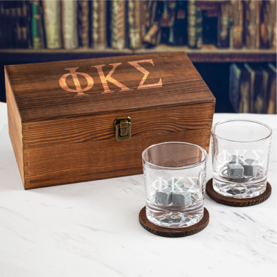 Custom Engraved Phi Kappa Sigma - Personalized Whiskey Glasses In Wood Gift Box