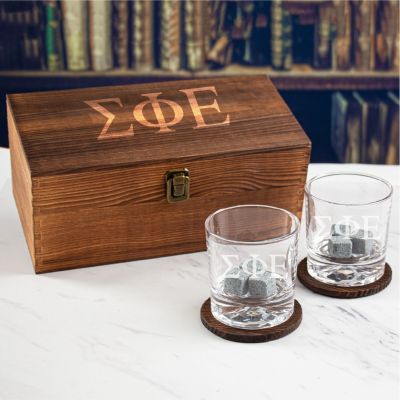 Custom Engraved Sigma Phi Epsilon - Personalized Whiskey Glasses In Wood Gift Box