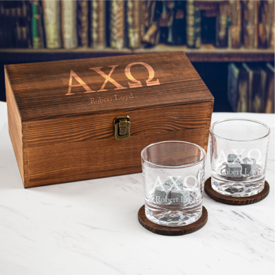 Custom Engraved Alpha Chi Omega - Personalized Whiskey Glasses In Wood Gift Box