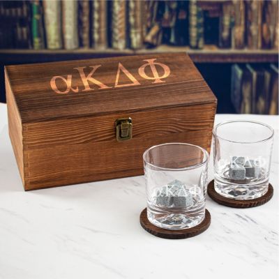 Custom Engraved Alpha Kappa Delta Phi - Personalized Whiskey Glasses In Wood Gift Box