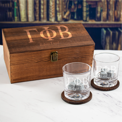 Custom Engraved Gamma Phi Beta - Personalized Whiskey Glasses In Wood Gift Box