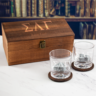 Custom Engraved Sigma Lambda Gamma - Personalized Whiskey Glasses In Wood Gift Box
