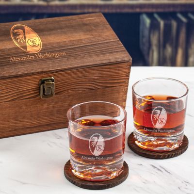 Custom Engraved SC Freiburg - Personalized Whiskey Glasses In Wood Gift Box