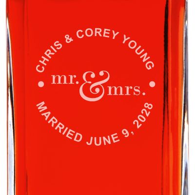 Custom Engraved Mr. & Mrs. Circle Stamp - Personalized Whiskey Decanter In Wood Gift Box