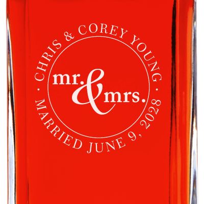 Custom Engraved Mr. & Mrs. Circle Stamp No. 2 - Personalized Whiskey Decanter In Wood Gift Box