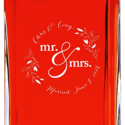 Custom Engraved Mr. & Mrs. Circle Stamp with Leaves - Personalized Whiskey Decanter In Wood Gift Box