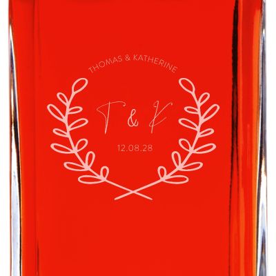 Custom Engraved Laurel Leaf Signature Initial - Personalized Whiskey Decanter In Wood Gift Box