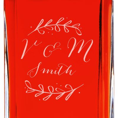 Custom Engraved  Laurel Leaf Drawing Initials  - Personalized Whiskey Decanter In Wood Gift Box