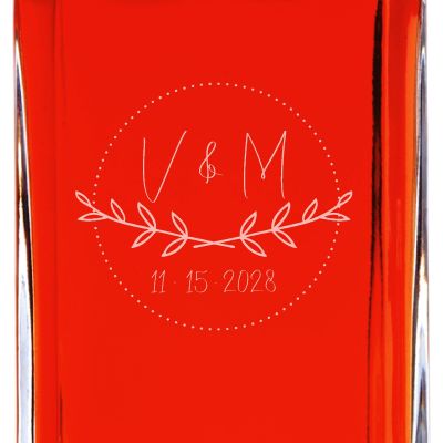 Custom Engraved  Handwritten Initials Laurel Leaf Drawing  - Personalized Whiskey Decanter In Wood Gift Box