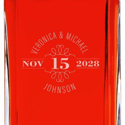 Custom Engraved Deco Names and Date Circle Stamp - Personalized Whiskey Decanter In Wood Gift Box