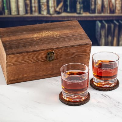 Custom Engraved Milwaukee - Personalized Whiskey Glasses In Wood Gift Box