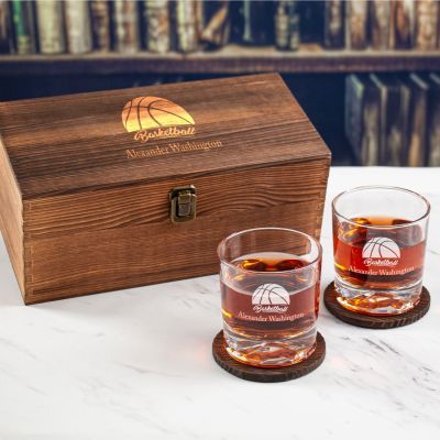 Custom Engraved Basketball Logo - Personalized Whiskey Glasses In Wood Gift Box