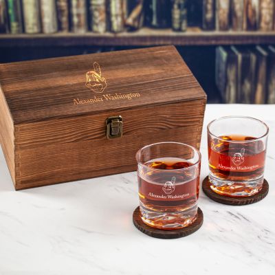 Custom Engraved Chief Wahoo - Major League Baseball - Personalized Whiskey Glasses In Wood Gift Box