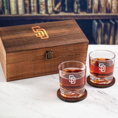 Custom Engraved San Diego Padres Logo - Major League Baseball - Personalized Whiskey Glasses In Wood Gift Box
