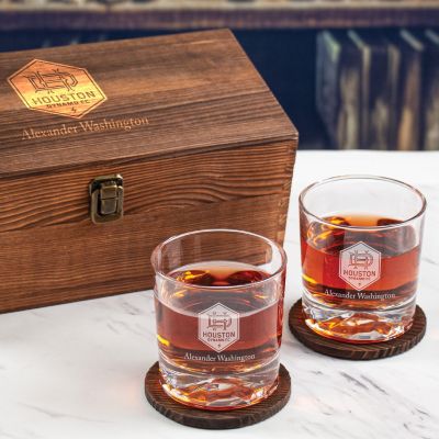Custom Engraved Houston Dynamo - Personalized Whiskey Glasses In Wood Gift Box