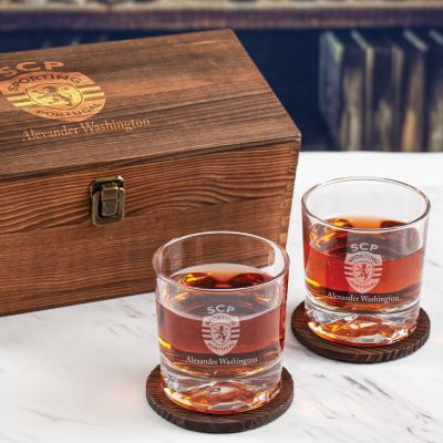 Custom Engraved Sporting Clube de Portugual - Personalized Whiskey Glasses In Wood Gift Box