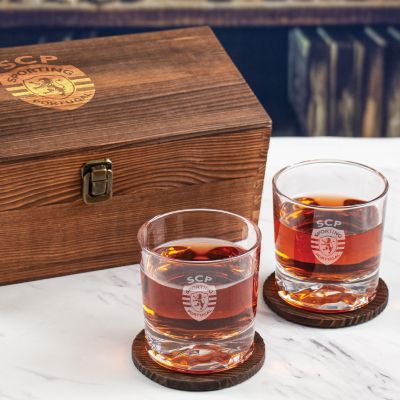 Custom Engraved Sporting Clube de Portugual - Personalized Whiskey Glasses In Wood Gift Box