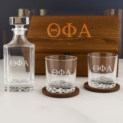 Custom Engraved Theta Phi Alpha - Personalized Whiskey Decanter Set In Wood Gift Box