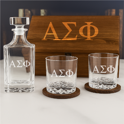 Custom Engraved Alpha Sigma Phi - Personalized Whiskey Decanter Set In Wood Gift Box