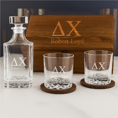 Custom Engraved Delta Chi - Personalized Whiskey Decanter Set In Wood Gift Box