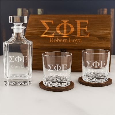 Custom Engraved Sigma Phi Epsilon - Personalized Whiskey Decanter Set In Wood Gift Box
