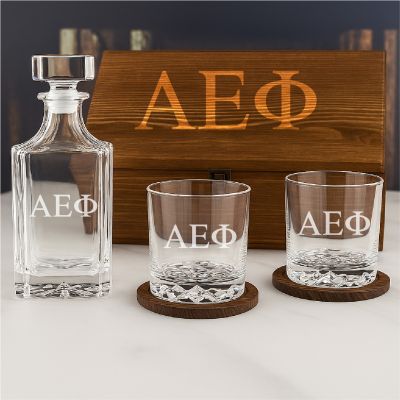 Custom Engraved Alpha Epsilon Phi - Personalized Whiskey Decanter Set In Wood Gift Box