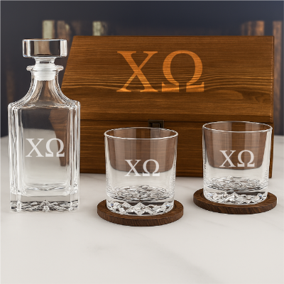 Custom Engraved Chi Omega - Personalized Whiskey Decanter Set In Wood Gift Box