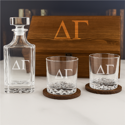 Custom Engraved Delta Gamma - Personalized Whiskey Decanter Set In Wood Gift Box