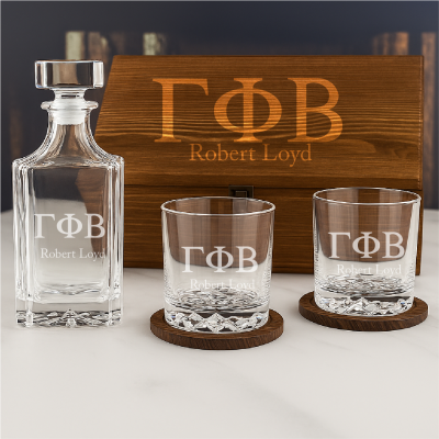 Custom Engraved Gamma Phi Beta - Personalized Whiskey Decanter Set In Wood Gift Box