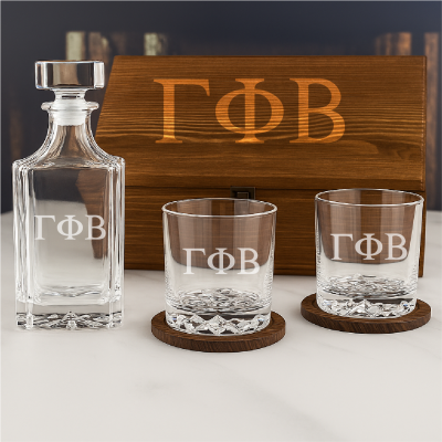 Custom Engraved Gamma Phi Beta - Personalized Whiskey Decanter Set In Wood Gift Box