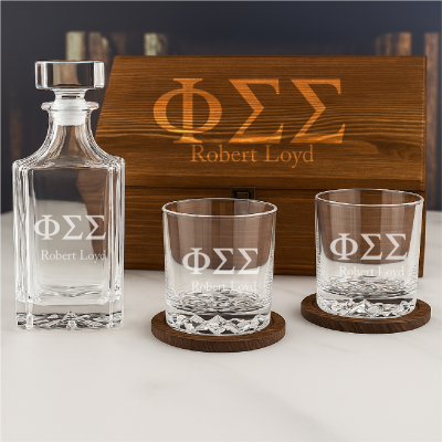 Custom Engraved Phi Sigma Sigma - Personalized Whiskey Decanter Set In Wood Gift Box