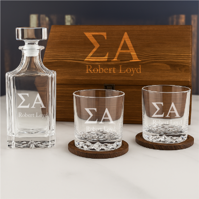 Custom Engraved Sigma Alpha - Personalized Whiskey Decanter Set In Wood Gift Box